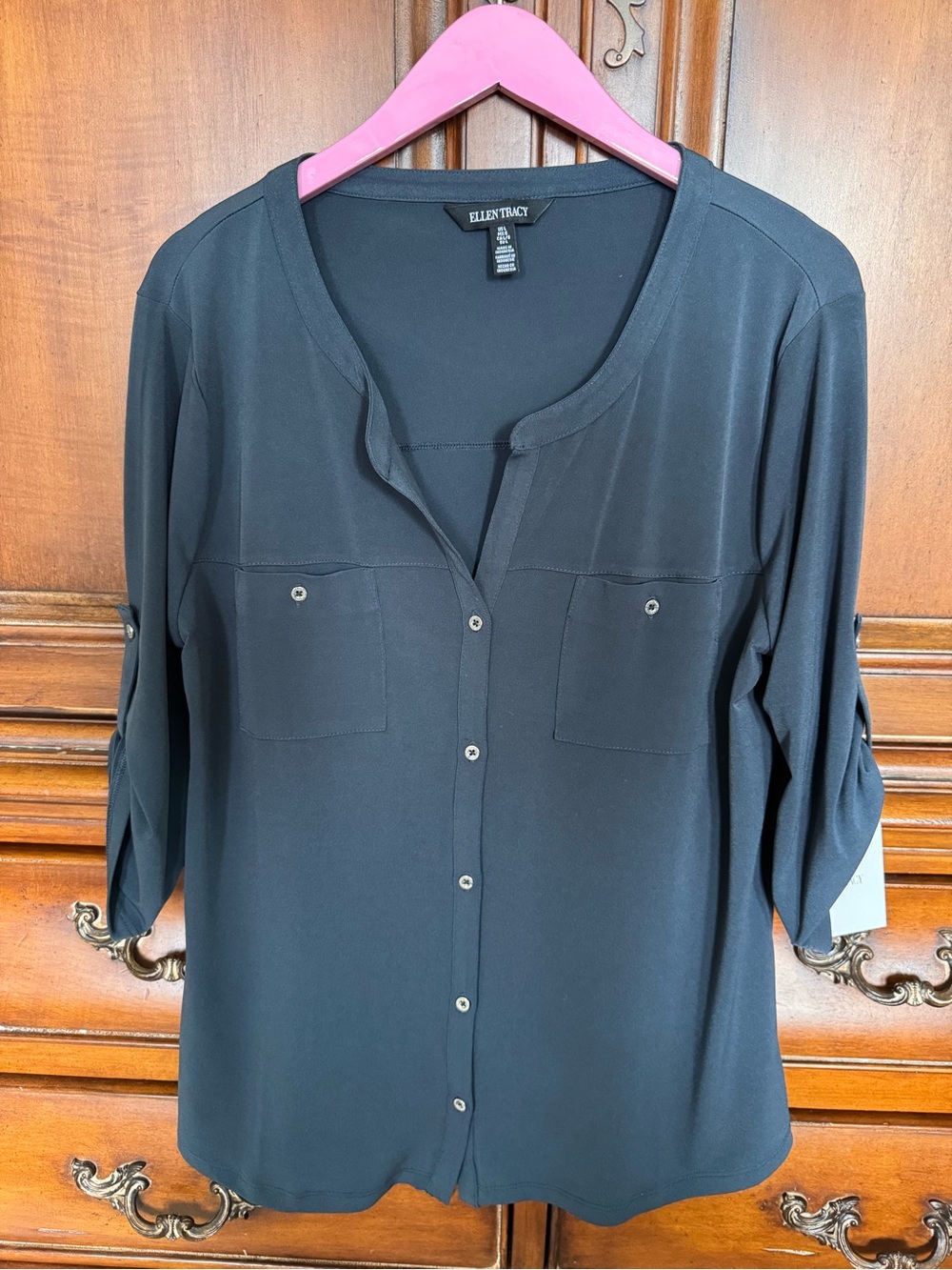 Ellen Tracy Dk Gray Button-Front Roll-Tab or Cuff Sleeve Blouse